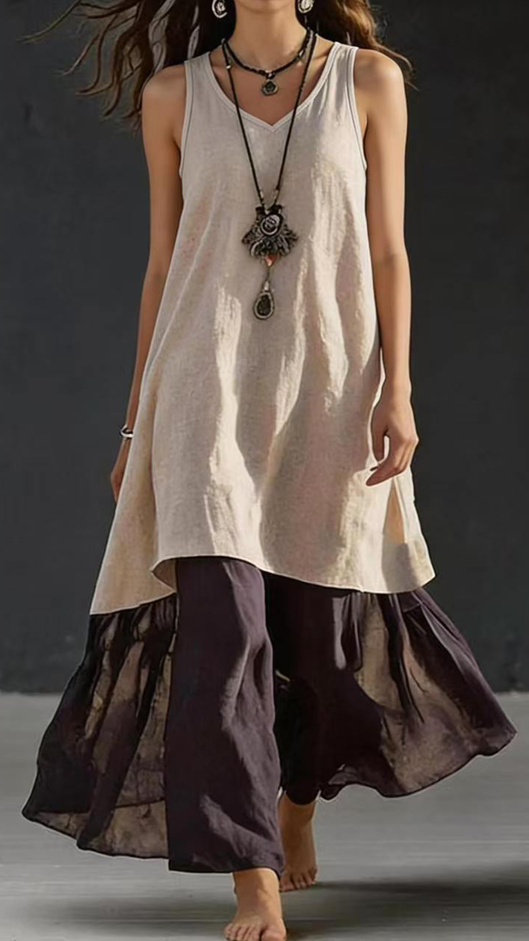 Women's Cotton‑blend Light‑blue V‑neck Sleeveless Color‑block Spliced Loose Maxi Dress