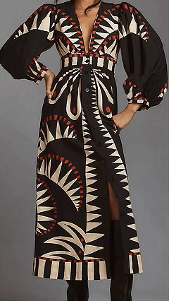 Women's Cotton‑blend Black‑base Geometric‑print V‑neck Puff‑sleeve Waist‑cinched Slit Midi Dress