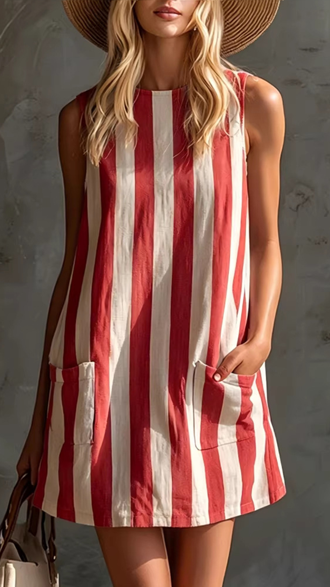 Women's Cotton‑blend Blue‑white Striped Round‑neck Sleeveless Pocket‑decorated Loose Mini Dress