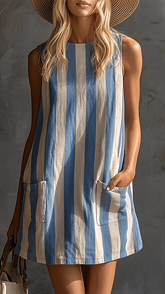 Women's Cotton‑blend Blue‑white Striped Round‑neck Sleeveless Pocket‑decorated Loose Mini Dress