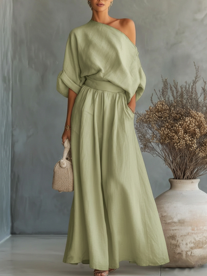 Women's Elegant Off-Shoulder Shirt and Wide-Leg Pants Two-Piece Set