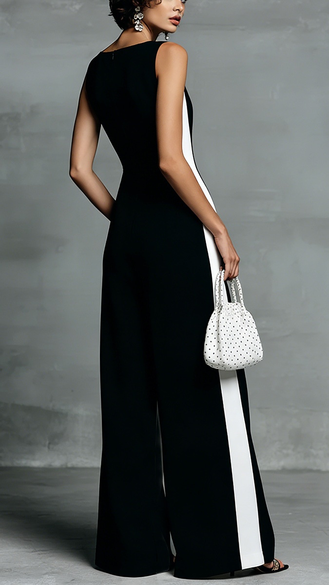 Women's Cotton-Blend Sleeveless Color-Block V-Neck Wide-Leg Jumpsuit