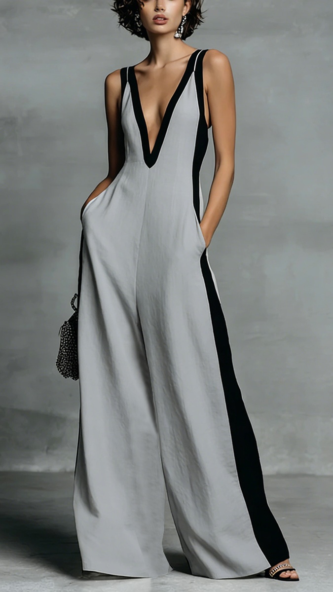 Women's Cotton-Blend Sleeveless Color-Block V-Neck Wide-Leg Jumpsuit