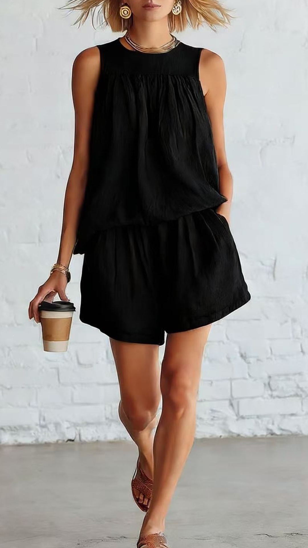 Women's  Cotton Blend Round Neck Sleeveless Top & Matching Shorts Set