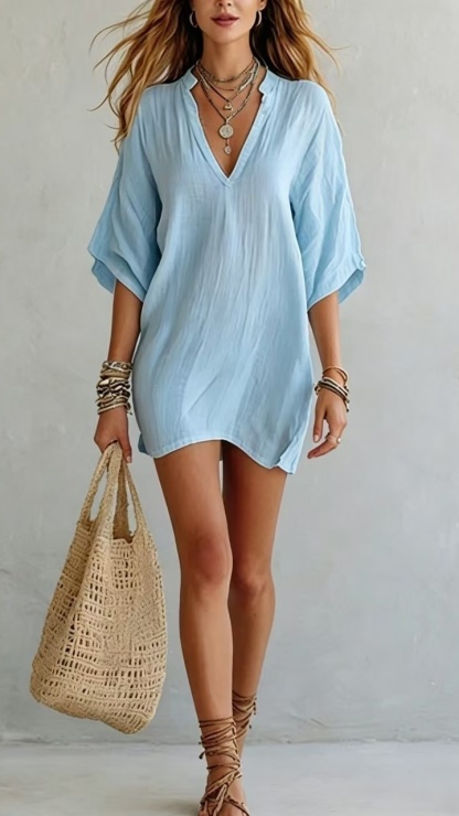 Women's V-Neck Loose Solid Color T-shirt Vacation Style Top
