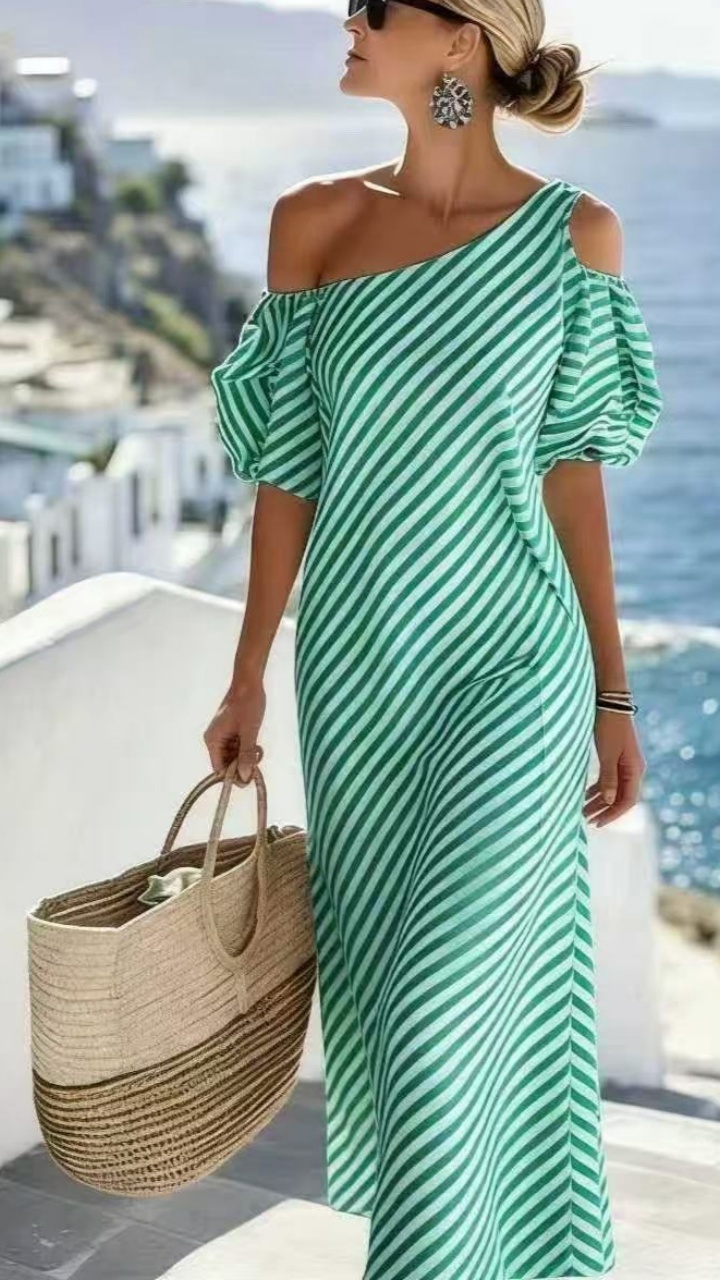 Elegant striped off-shoulder beach dress for women