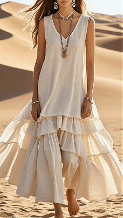 Women's Loose-Fit Sleeveless Cotton-Linen Dress with Wide Flared Hem