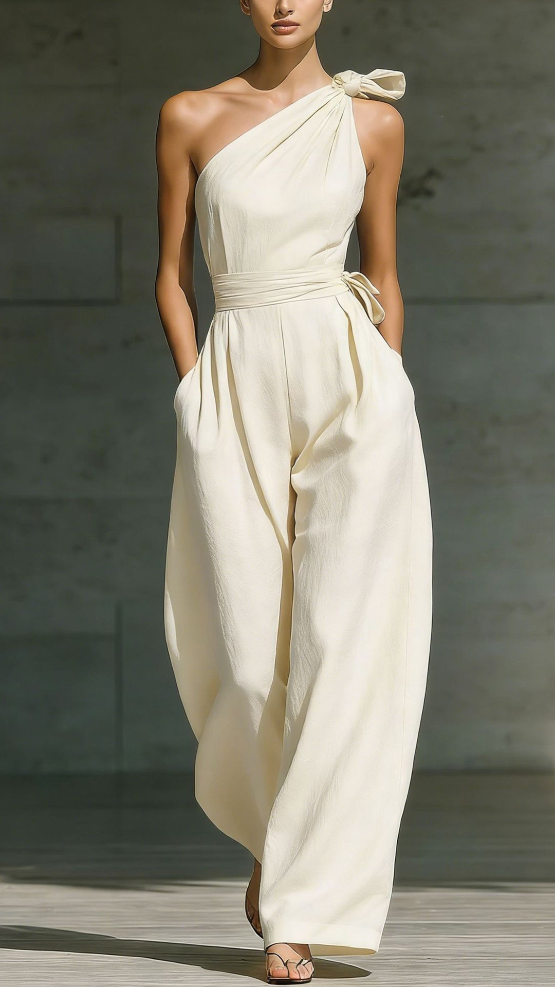 Women's Cotton‑blend  One‑shoulder Bow‑decorated Tie‑waist Wide‑leg Jumpsuit