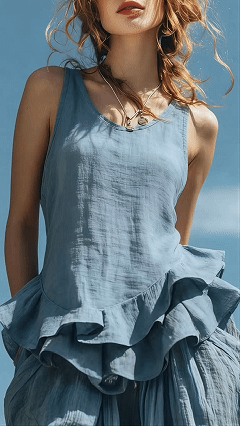 Women's Cotton‑blend U‑neck Sleeveless Ruffle Waist‑cinched Top