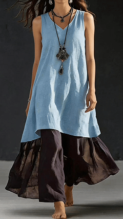 Women's Cotton‑blend Light‑blue V‑neck Sleeveless Color‑block Spliced Loose Maxi Dress