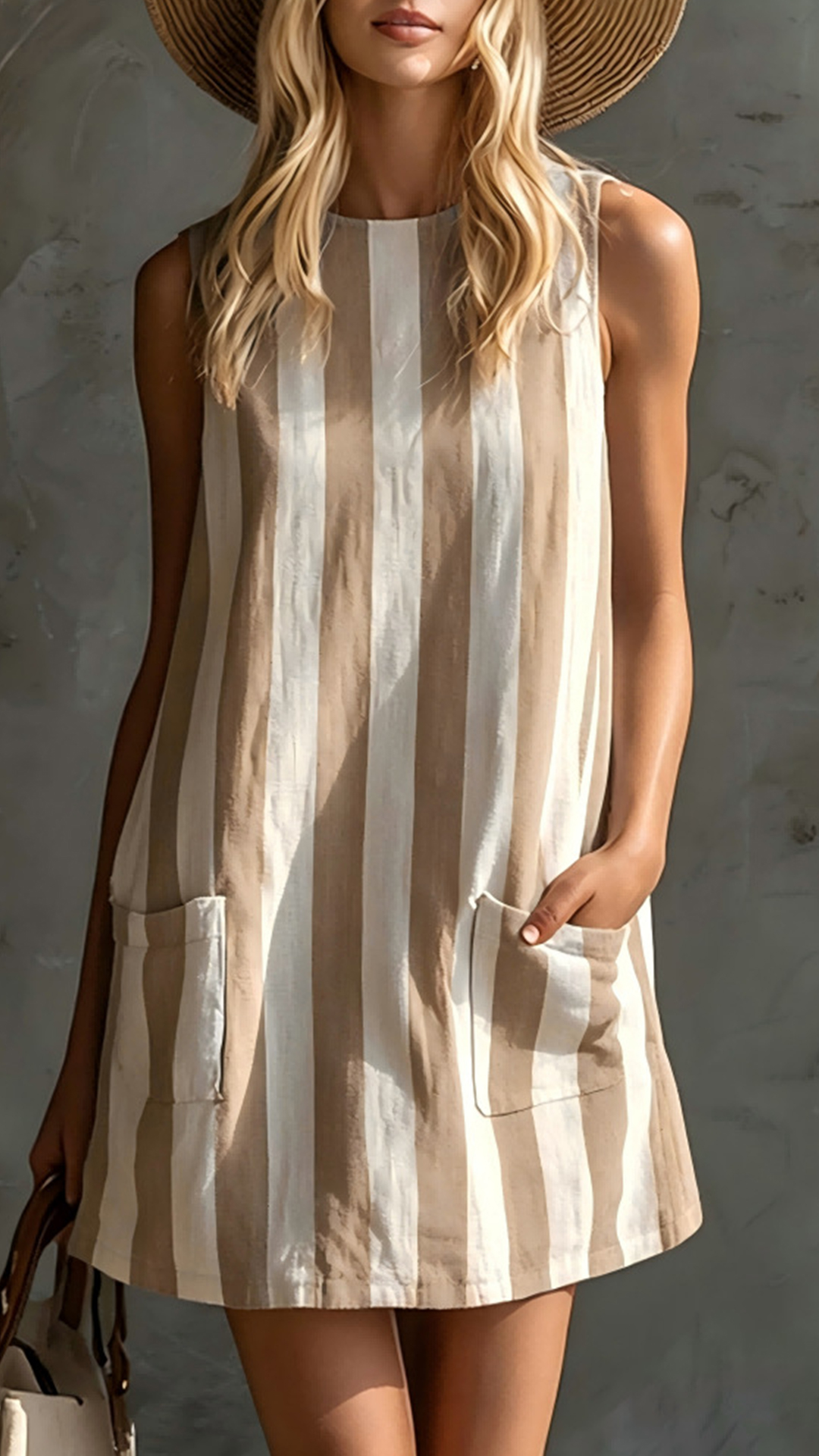 Women's Cotton‑blend Blue‑white Striped Round‑neck Sleeveless Pocket‑decorated Loose Mini Dress