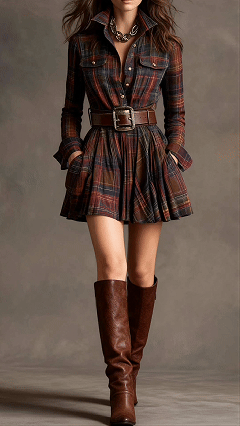 Women's Cotton‑blend Plaid Long‑sleeve Lapel Belted Pleated Mini Dress