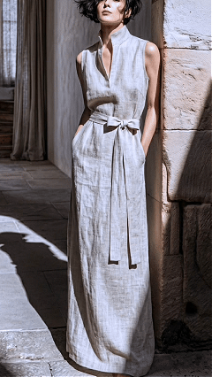 Women's Sleeveless Linen Maxi Dress with Stand Collar, Waist Tie, and Vest-Style Bodice
