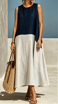 Women's Round-Neck, Color-Block, Loose-Fit, Longline Cotton-Linen A-Line Sundress