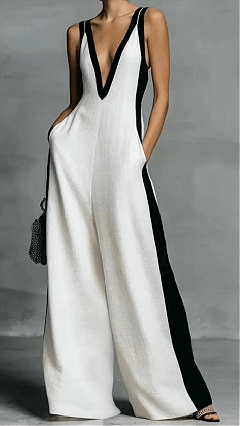 Women's Cotton-Blend Sleeveless Color-Block V-Neck Wide-Leg Jumpsuit