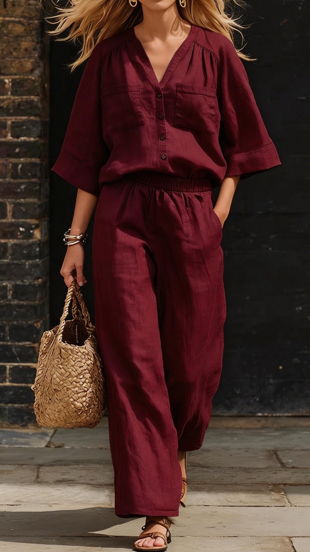 Women's Simple Linen Two-Piece Set: Button-Up Top and Wide-Leg Pants