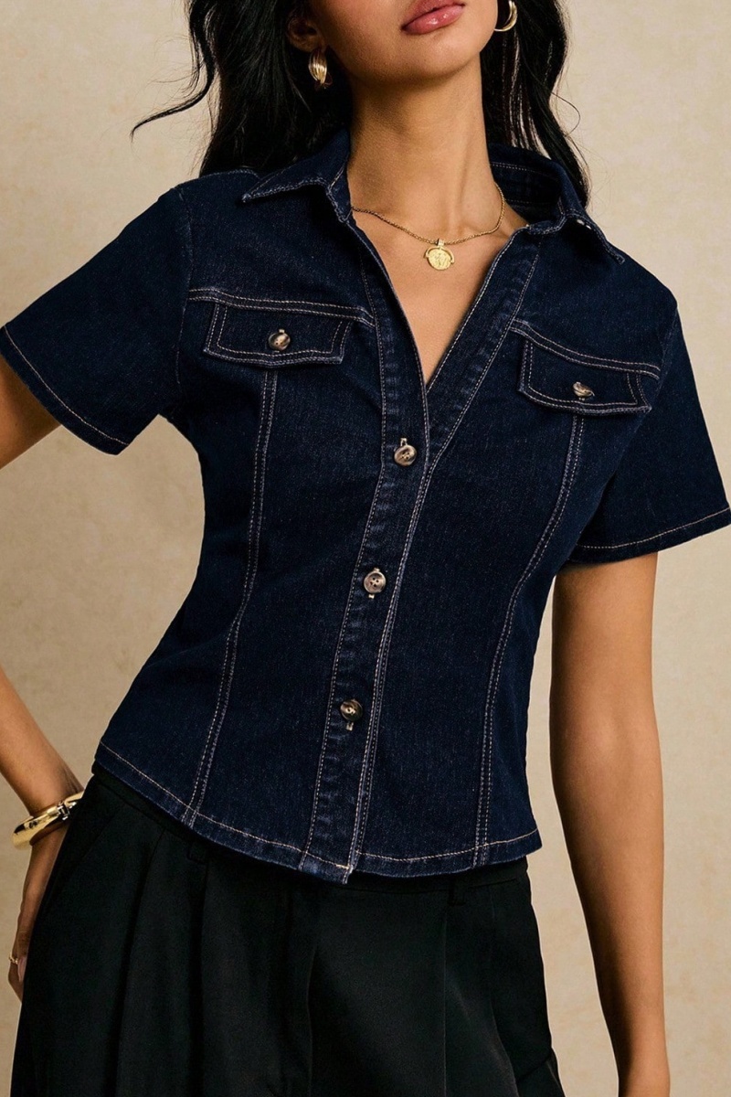Women's Streetwear-Style Workwear-Inspired Slim-Fit Faux-Denim Collared Shirt