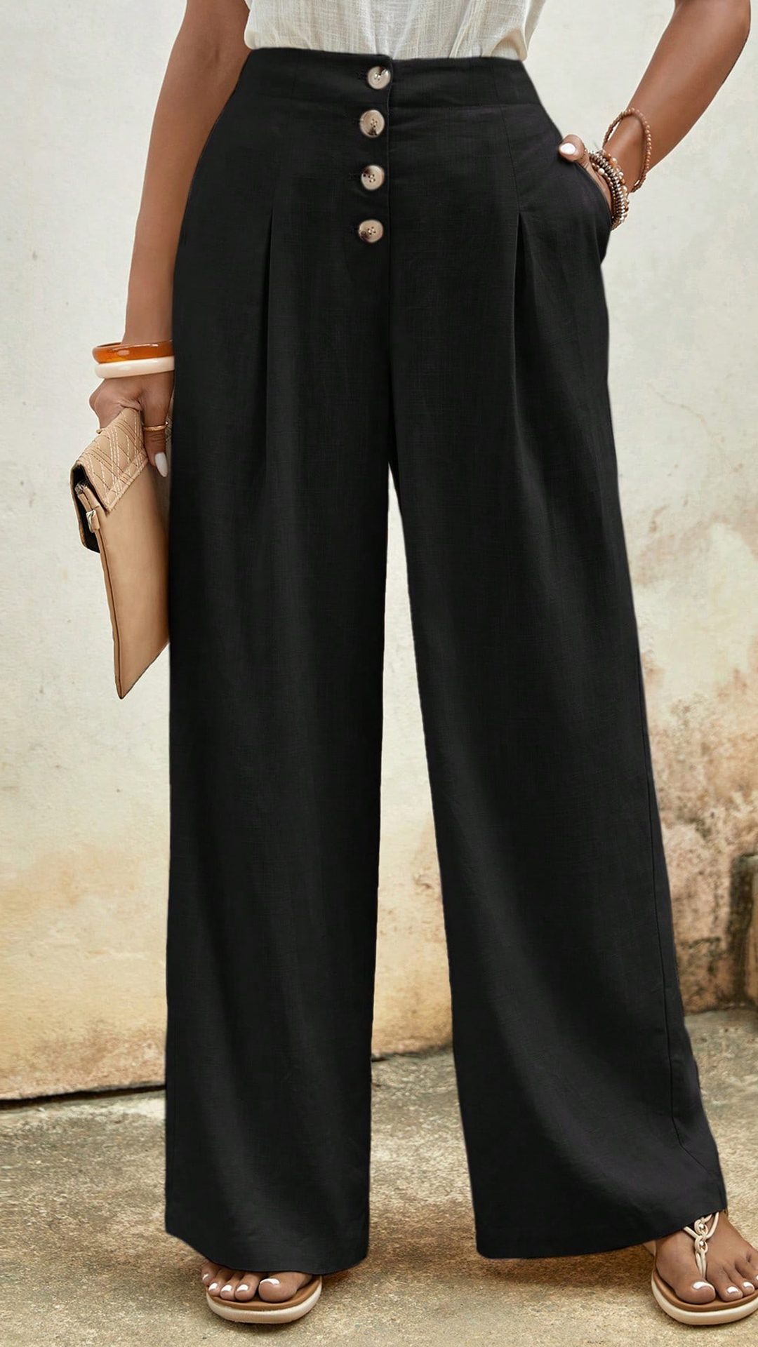 Women's Cotton Blend Pleated High Waist Wide Leg Pants