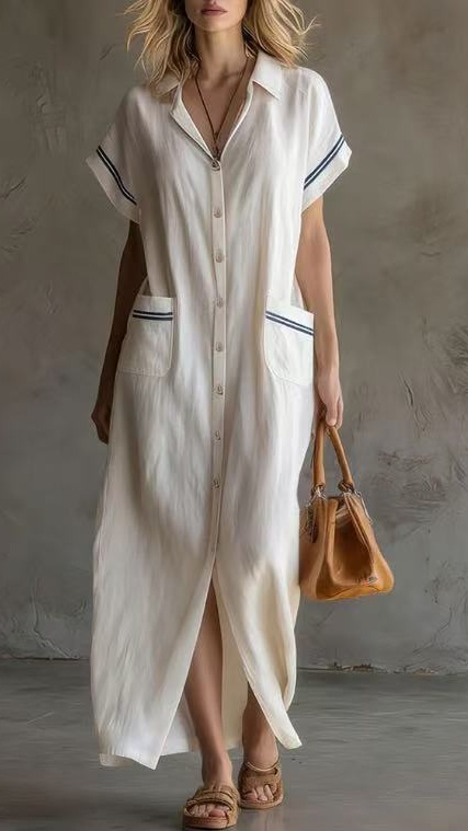 Women's Elegant Commuter-Style Short-Sleeve Color-Block Loose Long Shirt Dress