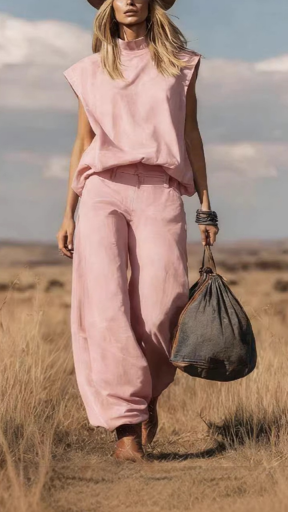 Women's Western-Style Sleeveless Suede Set — Wide-Leg with Tapered Hem
