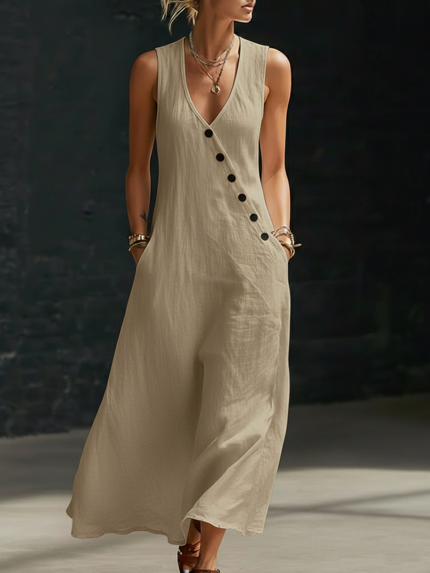 "Effortless Chic" Style V-Neck Button-Front Cotton-Linen Maxi Dress — Sleeveless Tank Dress