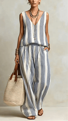 Women's Cotton-Blend Blue and White Vertical Striped Loose Sleeveless Set