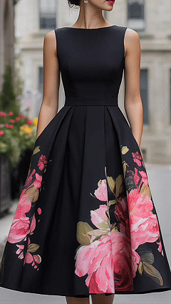 Women's Cotton-blend Black Art Floral Print Sleeveless Waist-cinched Flared Midi Dress