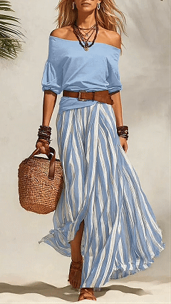 Women's Cotton‑blend Off‑the‑shoulder Mid‑sleeve Top & Blue‑white Striped Slit Maxi Skirt Set
