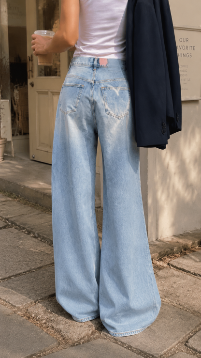 Vintage High Waist Wide Leg Jeans with Heart Print, Distressed Washed Denim, and Relaxed Draped Fit