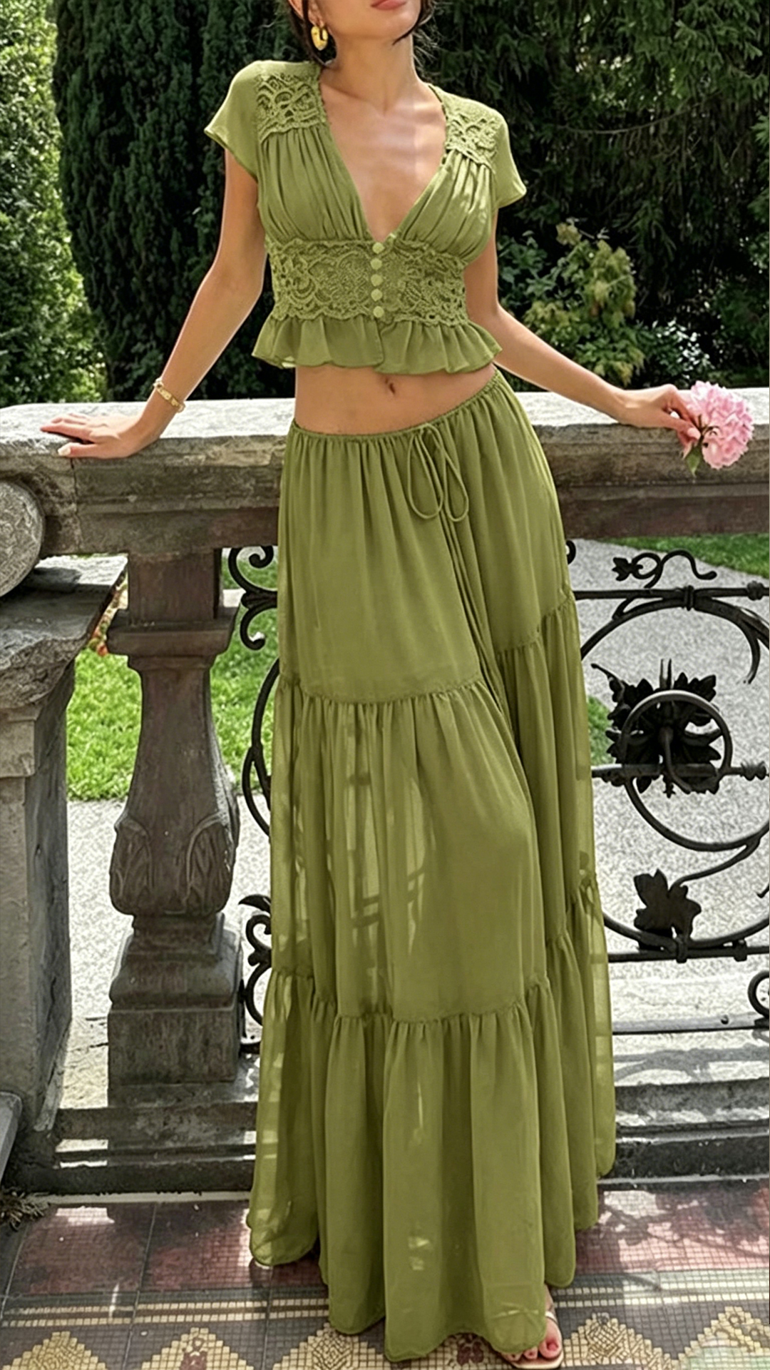 Women's Cotton Blend V-neck Elbow-Sleeve Top & Matching Shorts Set
