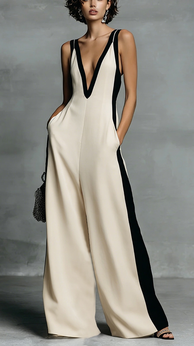 Women's Cotton-Blend Sleeveless Color-Block V-Neck Wide-Leg Jumpsuit