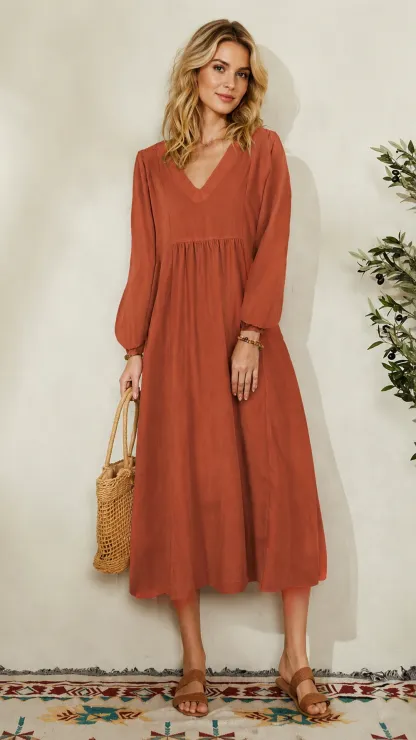 Women's Fashion Loose Fit Lantern Sleeve V Neck Midi Dress