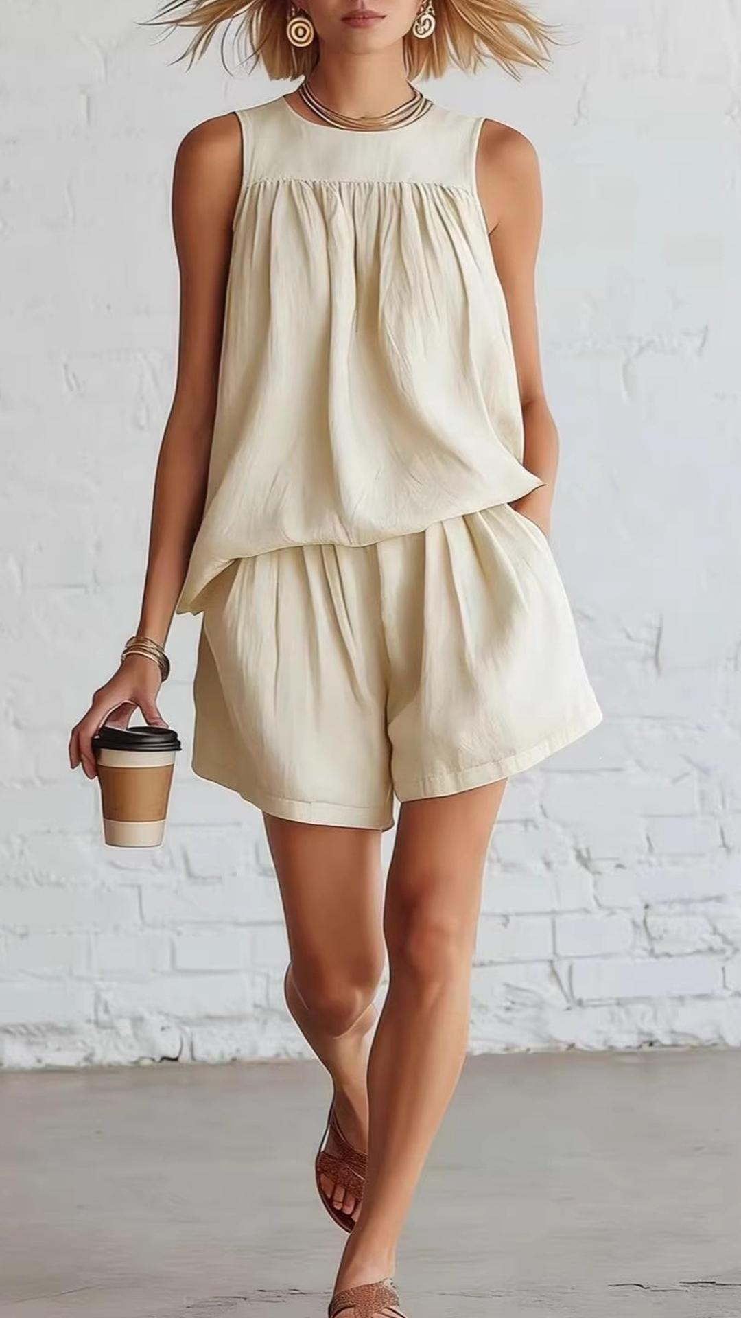 Women's Cotton Blend V-neck Elbow-Sleeve Top & Matching Shorts Set