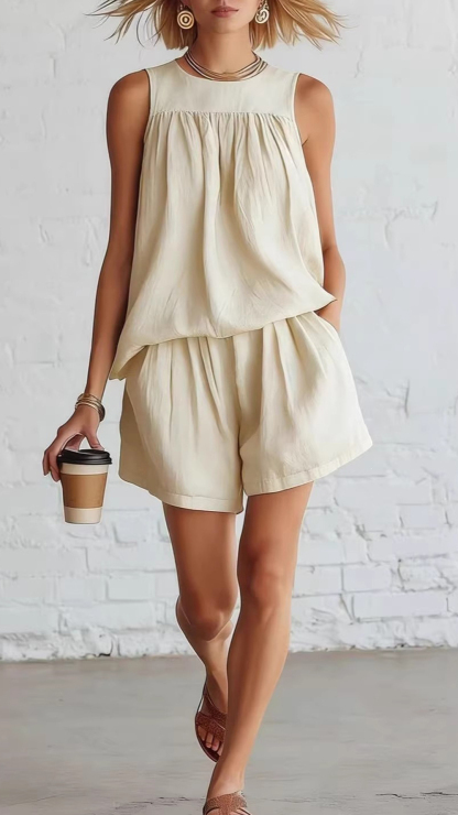 Women's  Cotton Blend Round Neck Sleeveless Top & Matching Shorts Set