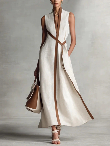 Daily White Colorblock Stand-Up Collar Pocket Boho Contrast Linen Maxi Dresses