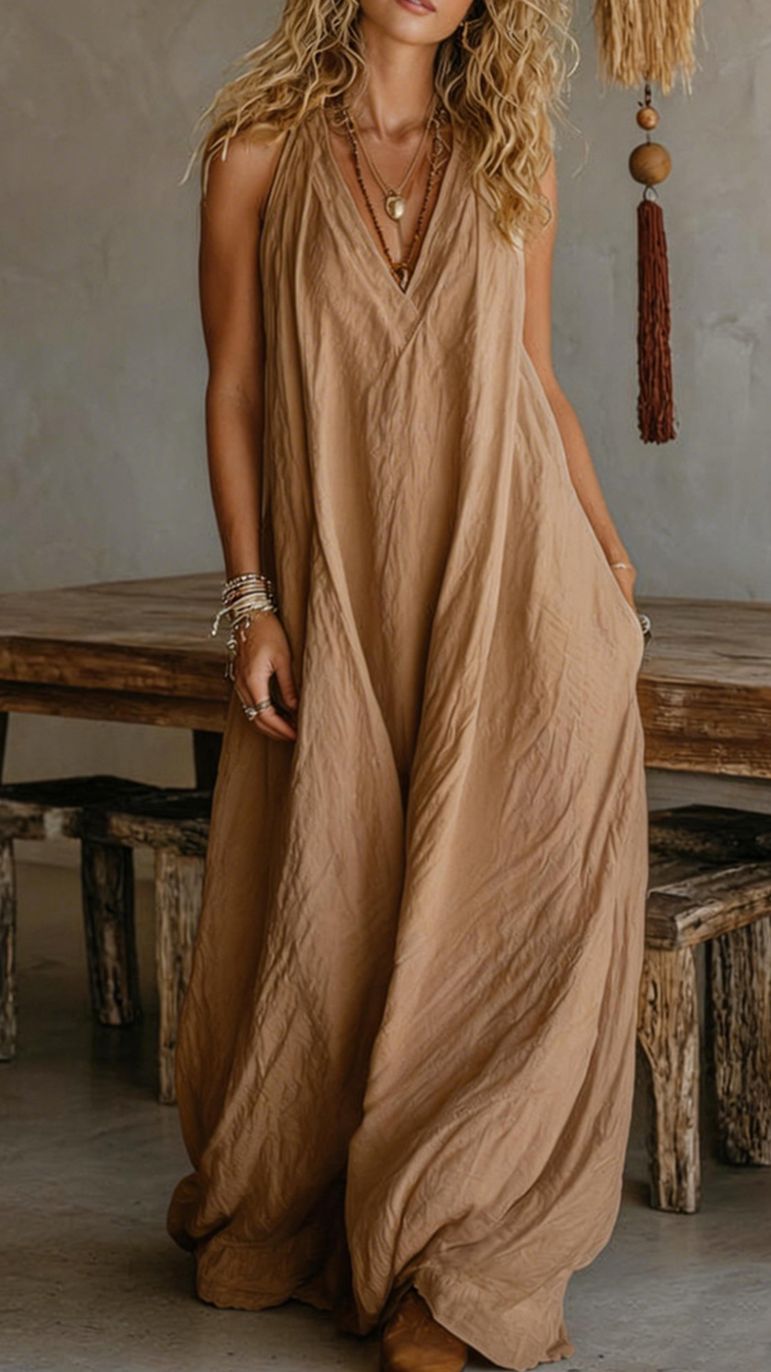 Women's Halter V-Neck Linen-Blend Maxi Dress