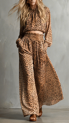 Women's Cotton-Blend Leopard Print Cropped Top & Wide-Leg Pants Set