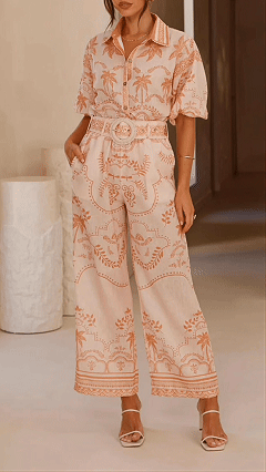 Women's Cotton‑blend Light Apricot Botanical Print Collared Puff Sleeve Top & Wide‑Leg Pants Set