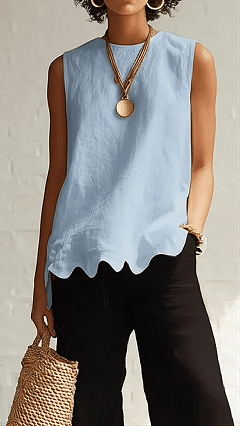 Women's Cotton‑blend Crew‑neck Sleeveless Scalloped‑hem Waist‑cinched Top