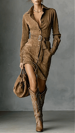 Women's Cotton‑blend Lapel Long‑sleeve Waist‑belted Irregular Mini Dress