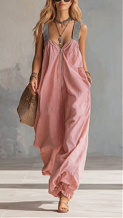 Women's Cotton‑blend Pink Fine‑striped Contrast‑strap Zip‑up Loose Jumpsuit