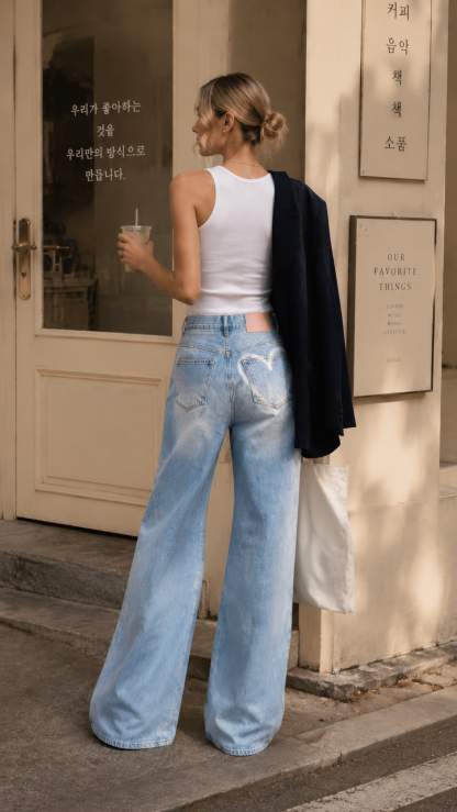 Vintage High Waist Wide Leg Jeans with Heart Print, Distressed Washed Denim, and Relaxed Draped Fit