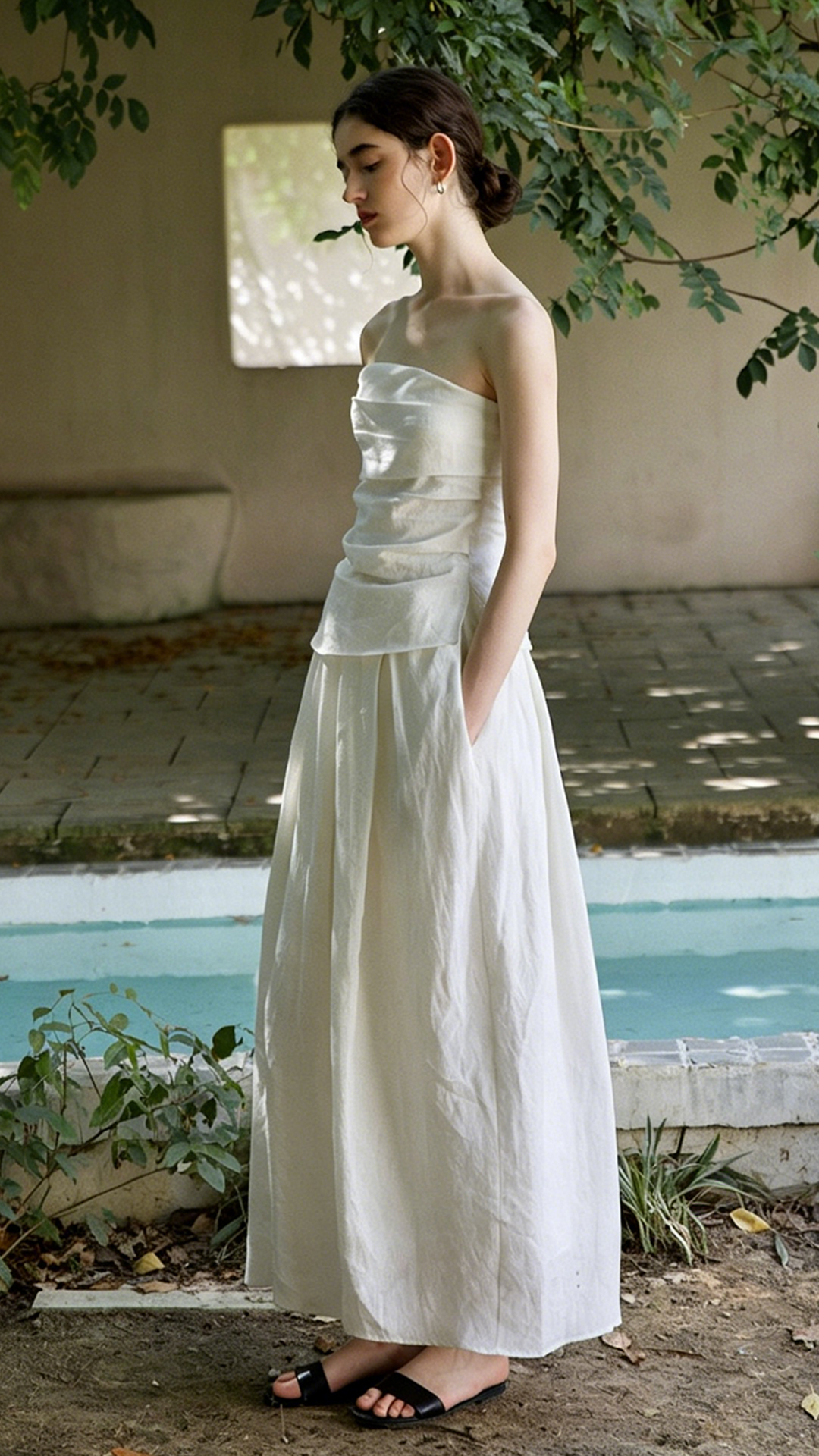 Women's French-style linen strapless top and maxi skirt set
