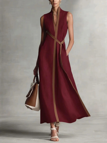 Daily White Colorblock Stand-Up Collar Pocket Boho Contrast Linen Maxi Dresses