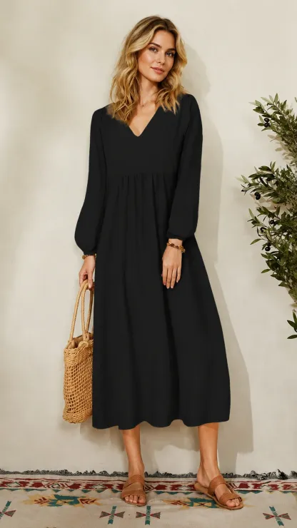 Women's Fashion Loose Fit Lantern Sleeve V Neck Midi Dress
