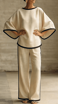 Women's Cotton-Blend Off-White Trimmed Loose Top & Wide-Leg Pants Set