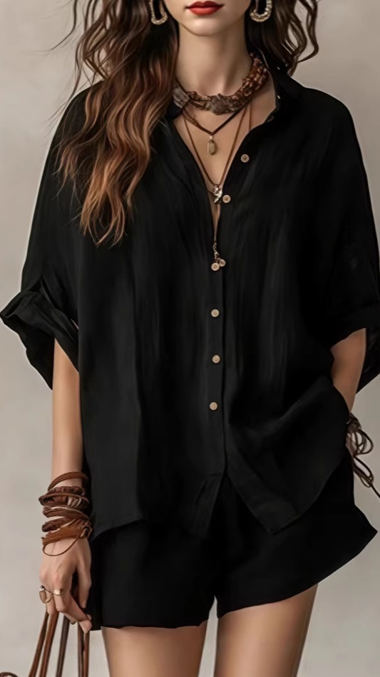 Women's Casual Solid-Color Shirt Two-Piece Set