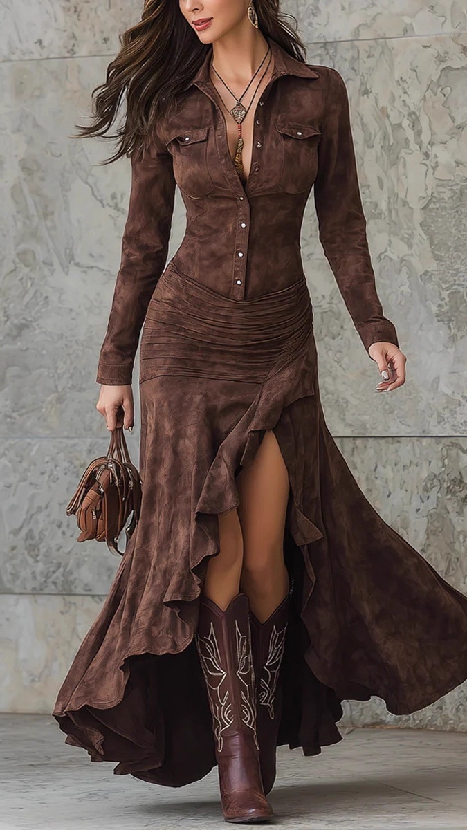 Women's Slim-Fit Long Dress with Zipper, Stand Collar, and Side Slit