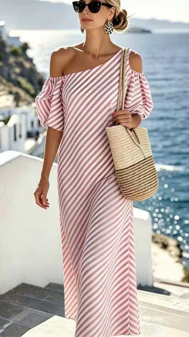 Elegant striped off-shoulder beach dress for women