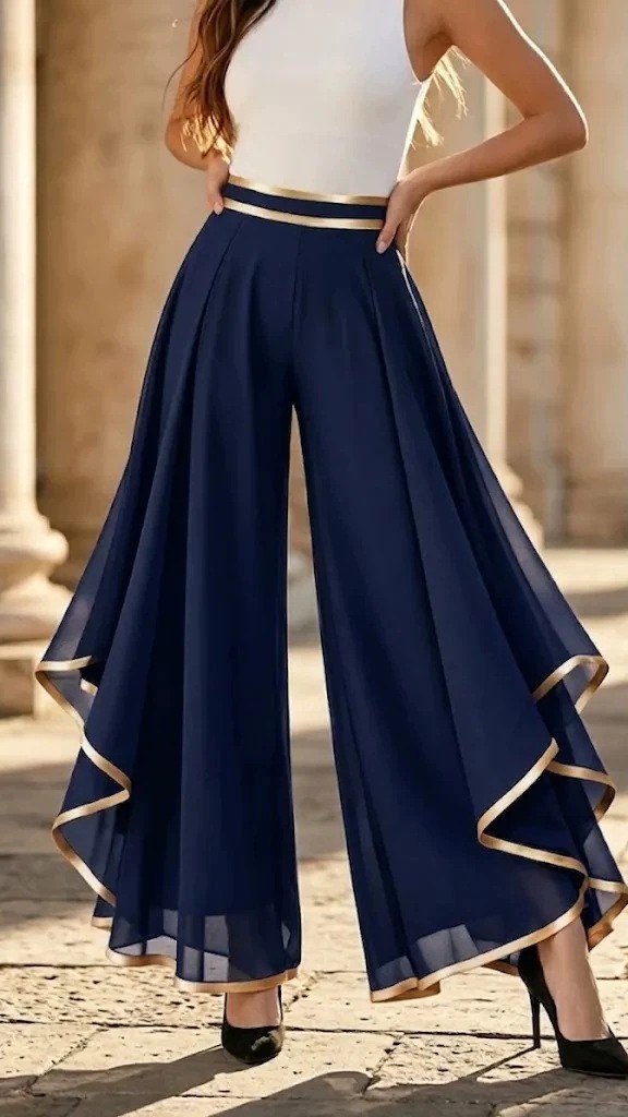 Women's Fashion Spliced ​​& Piped Layered Chiffon High-Waisted Casual Wide-Leg Pants